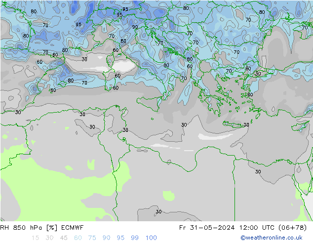 RH 850 hPa ECMWF Pá 31.05.2024 12 UTC