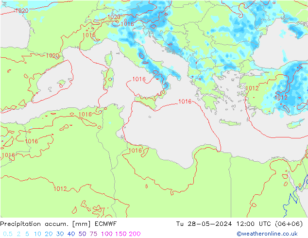 Precipitation accum. ECMWF Út 28.05.2024 12 UTC