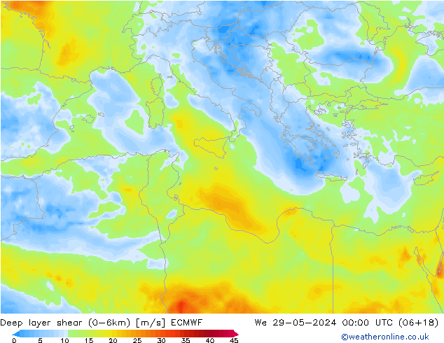 Deep layer shear (0-6km) ECMWF ср 29.05.2024 00 UTC