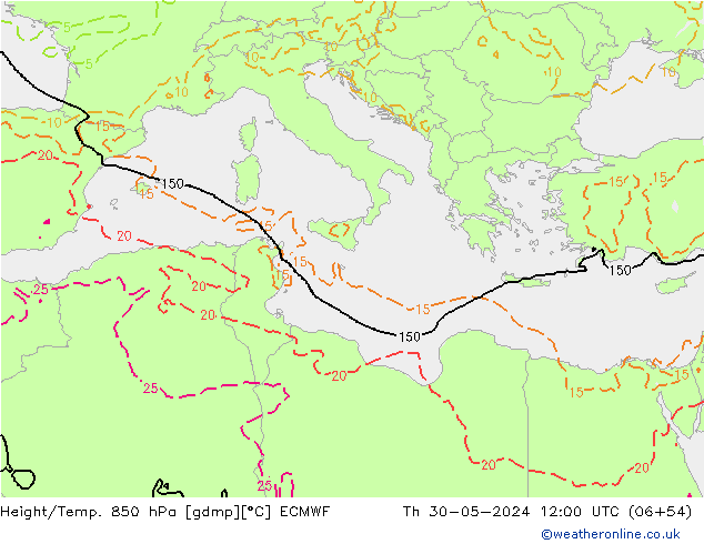 Z500/Rain (+SLP)/Z850 ECMWF gio 30.05.2024 12 UTC