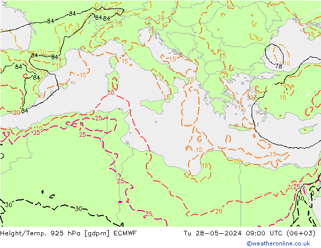 Height/Temp. 925 hPa ECMWF Tu 28.05.2024 09 UTC