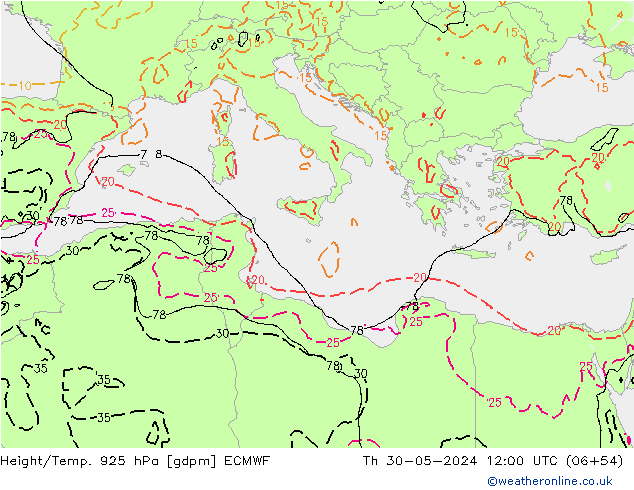 Height/Temp. 925 гПа ECMWF чт 30.05.2024 12 UTC