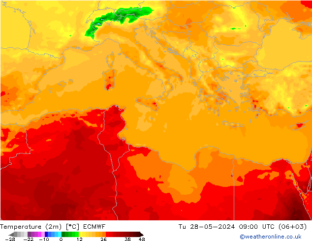 Temperature (2m) ECMWF Tu 28.05.2024 09 UTC