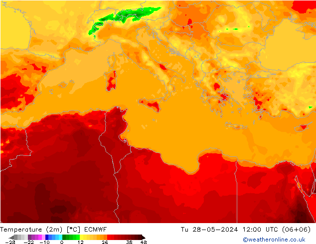 Temperature (2m) ECMWF Tu 28.05.2024 12 UTC