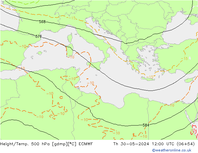 Z500/Rain (+SLP)/Z850 ECMWF gio 30.05.2024 12 UTC