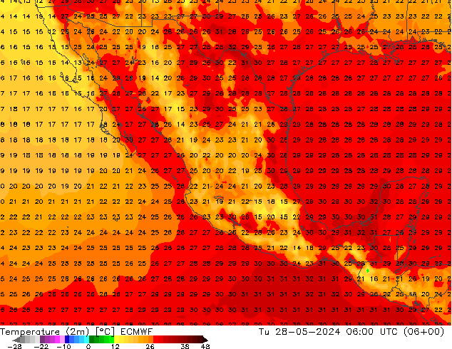 Temperatuurkaart (2m) ECMWF di 28.05.2024 06 UTC