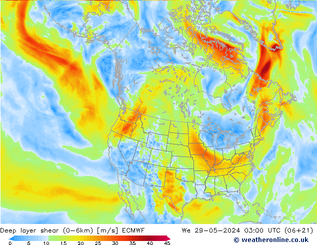 Deep layer shear (0-6km) ECMWF St 29.05.2024 03 UTC