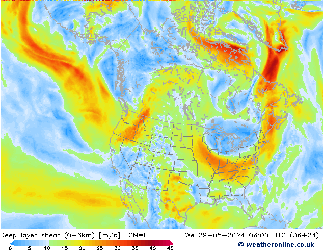 Deep layer shear (0-6km) ECMWF Çar 29.05.2024 06 UTC