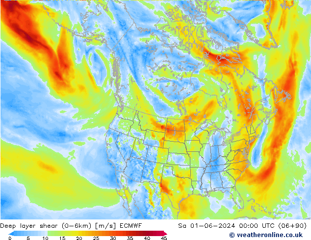 Deep layer shear (0-6km) ECMWF сб 01.06.2024 00 UTC