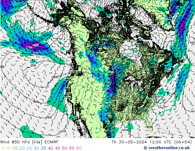 Wind 850 hPa ECMWF do 30.05.2024 12 UTC