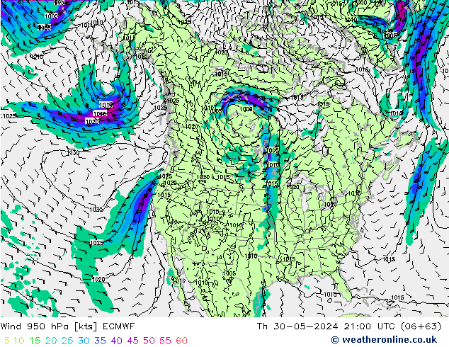 ветер 950 гПа ECMWF чт 30.05.2024 21 UTC