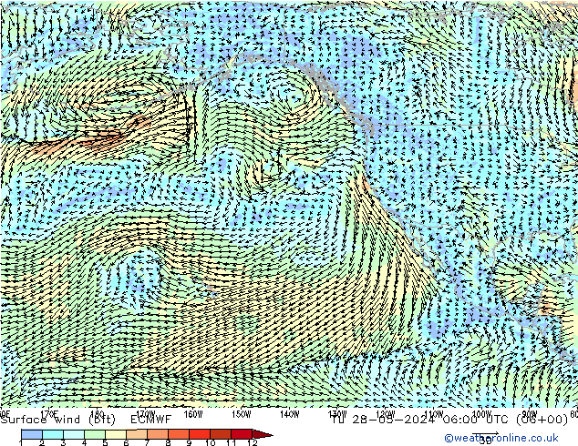 Surface wind (bft) ECMWF Út 28.05.2024 06 UTC