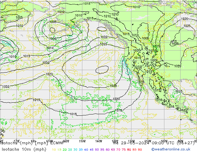 Isotachs (mph) ECMWF Qua 29.05.2024 09 UTC