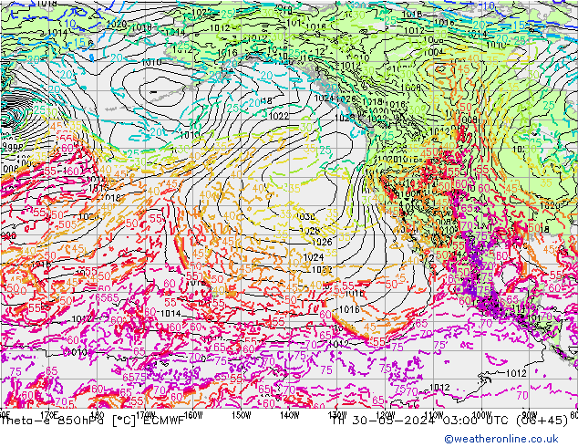 Theta-e 850hPa ECMWF czw. 30.05.2024 03 UTC