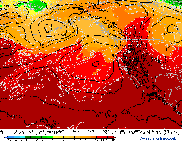 Theta-W 850hPa ECMWF śro. 29.05.2024 06 UTC