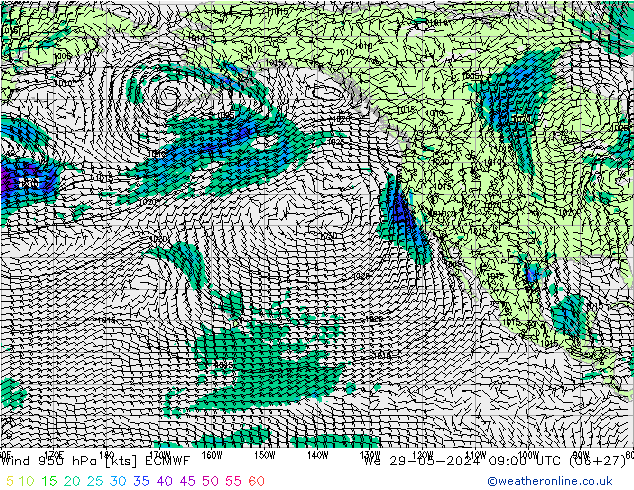 Vent 950 hPa ECMWF mer 29.05.2024 09 UTC