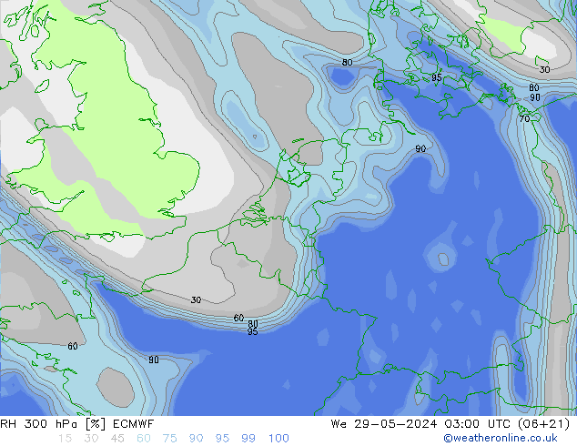 RH 300 hPa ECMWF We 29.05.2024 03 UTC