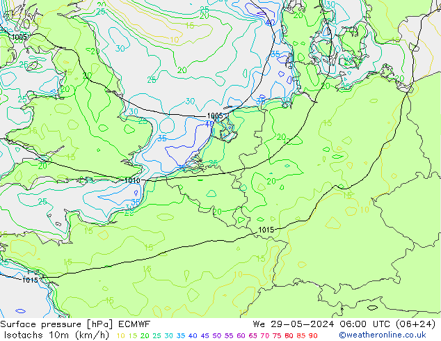 Isotachs (kph) ECMWF St 29.05.2024 06 UTC