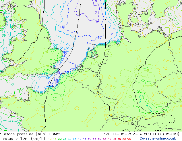 Izotacha (km/godz) ECMWF so. 01.06.2024 00 UTC
