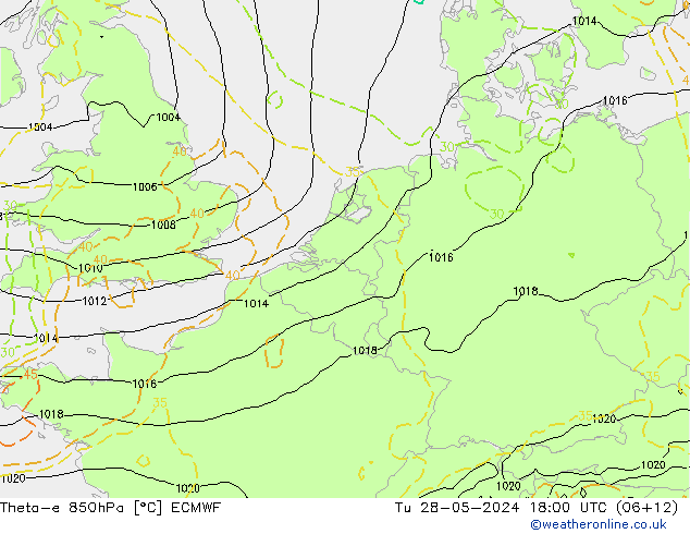 Theta-e 850hPa ECMWF Út 28.05.2024 18 UTC