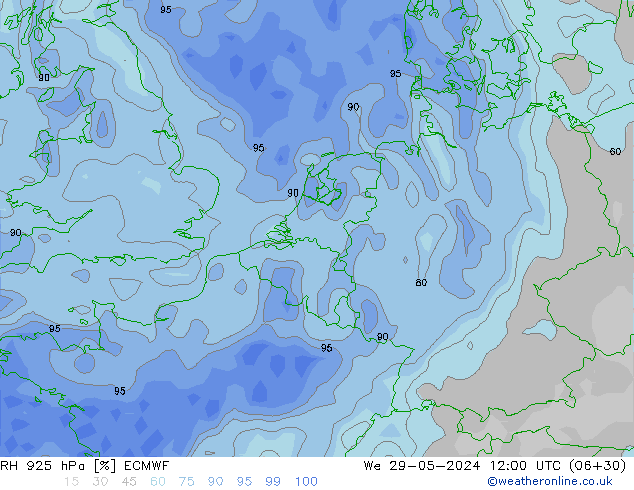 Humidité rel. 925 hPa ECMWF mer 29.05.2024 12 UTC