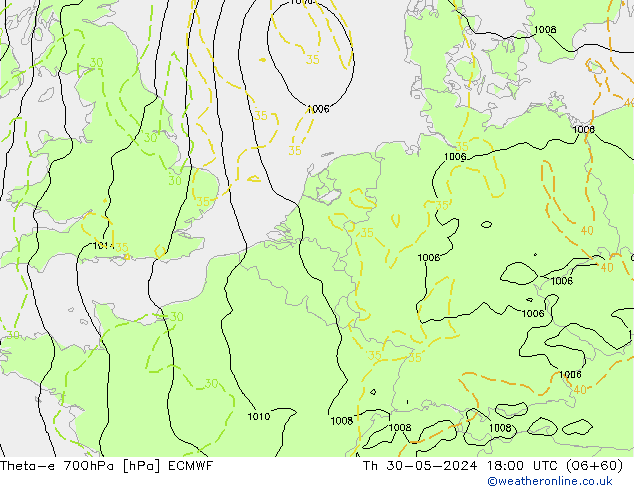 Theta-e 700hPa ECMWF Qui 30.05.2024 18 UTC