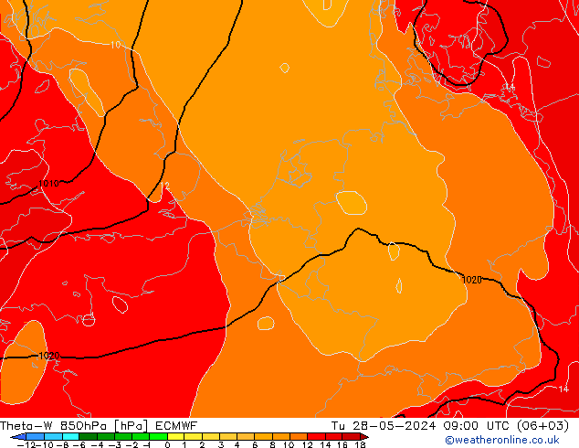 Theta-W 850hPa ECMWF Út 28.05.2024 09 UTC