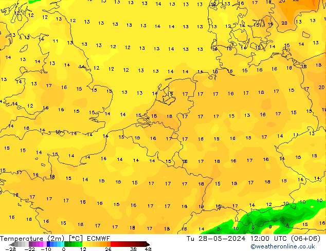 Temperature (2m) ECMWF Út 28.05.2024 12 UTC