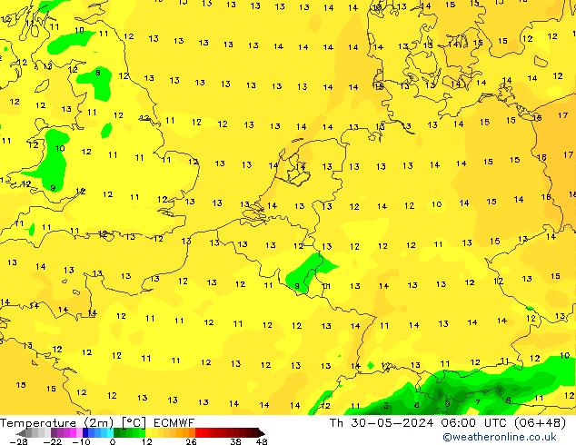 Temperature (2m) ECMWF Th 30.05.2024 06 UTC