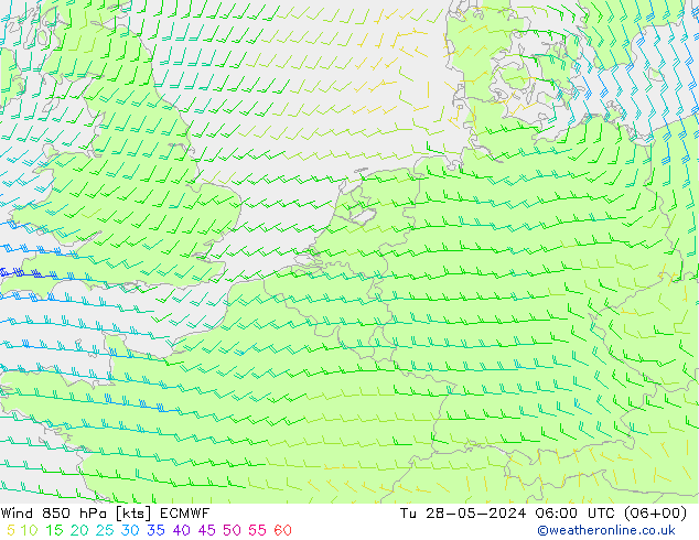 Wind 850 hPa ECMWF Út 28.05.2024 06 UTC