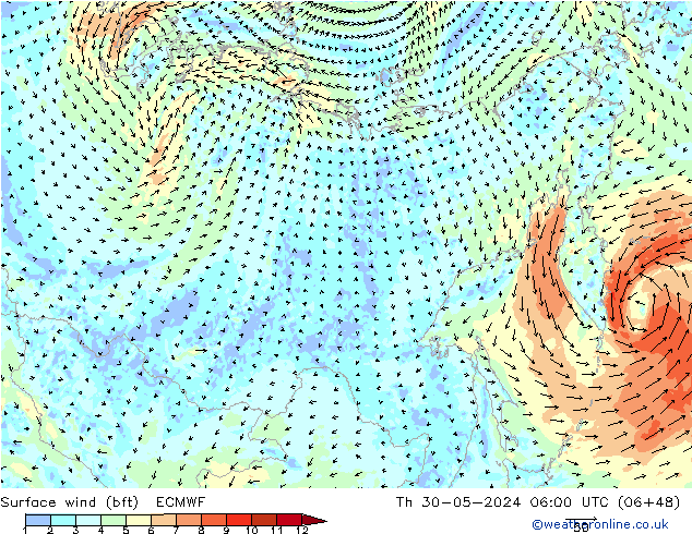 Surface wind (bft) ECMWF Čt 30.05.2024 06 UTC