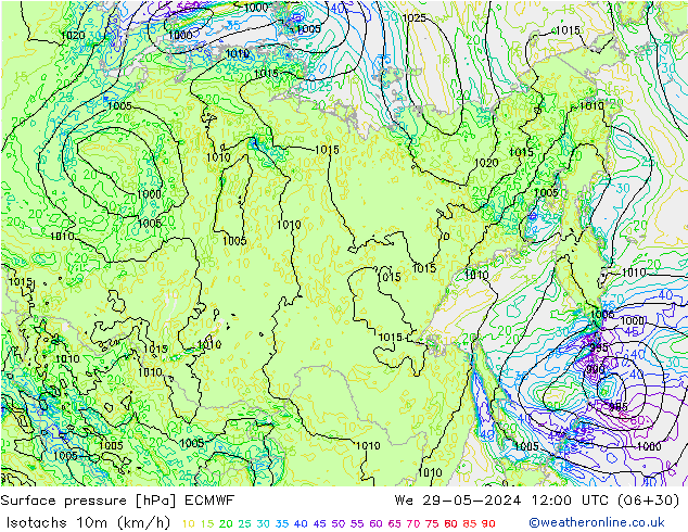 Isotachs (kph) ECMWF We 29.05.2024 12 UTC