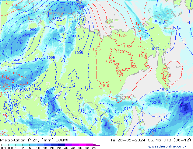 Precipitation (12h) ECMWF Tu 28.05.2024 18 UTC