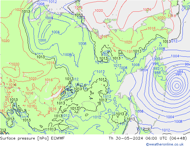 pressão do solo ECMWF Qui 30.05.2024 06 UTC