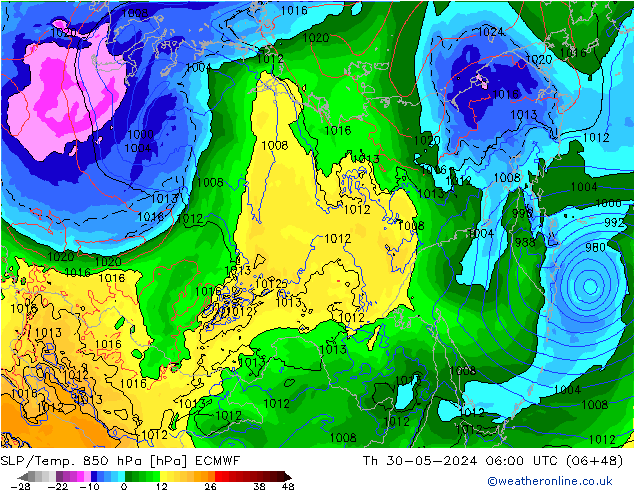 SLP/Temp. 850 hPa ECMWF  30.05.2024 06 UTC