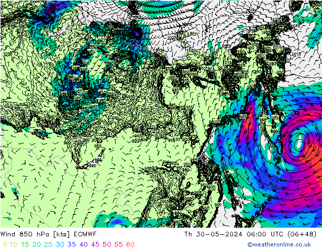 Wind 850 hPa ECMWF Do 30.05.2024 06 UTC