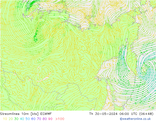 Streamlines 10m ECMWF Th 30.05.2024 06 UTC