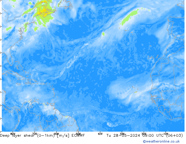 Deep layer shear (0-1km) ECMWF Sa 28.05.2024 09 UTC