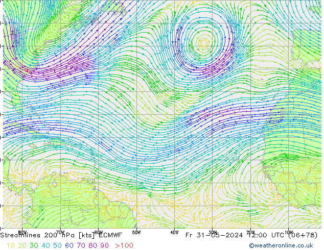 Ligne de courant 200 hPa ECMWF ven 31.05.2024 12 UTC