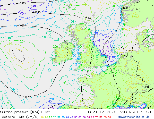 Isotachs (kph) ECMWF Fr 31.05.2024 06 UTC