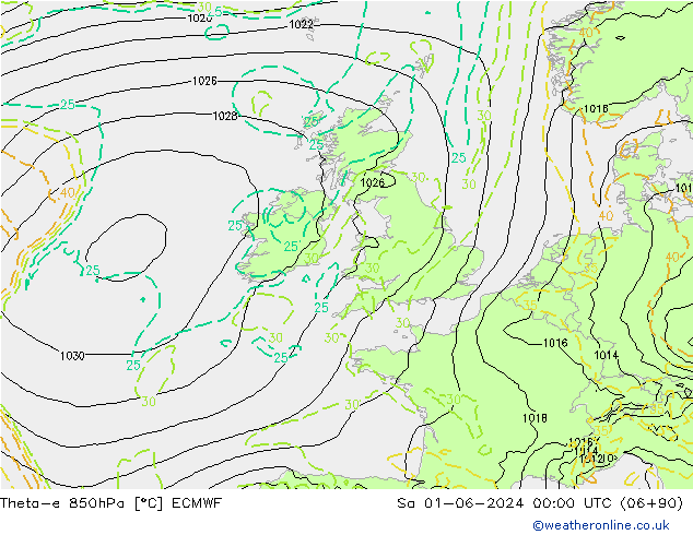 Theta-e 850hPa ECMWF so. 01.06.2024 00 UTC