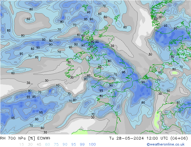 RH 700 hPa ECMWF Út 28.05.2024 12 UTC