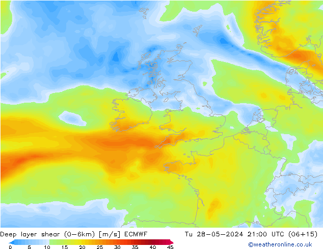 Deep layer shear (0-6km) ECMWF Út 28.05.2024 21 UTC