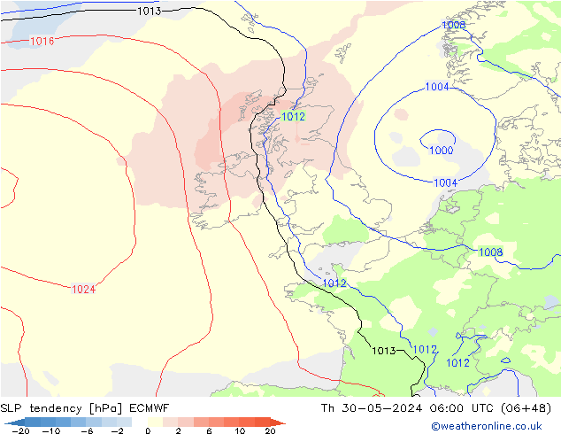 SLP tendency ECMWF Čt 30.05.2024 06 UTC