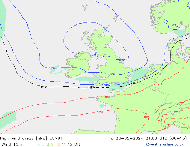 High wind areas ECMWF Út 28.05.2024 21 UTC