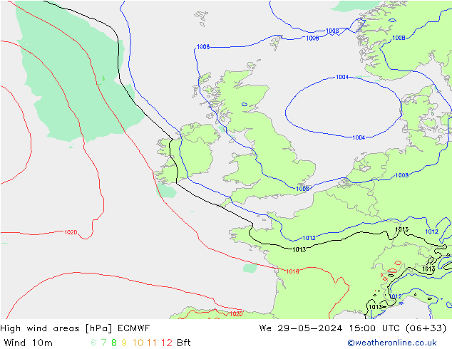 High wind areas ECMWF We 29.05.2024 15 UTC