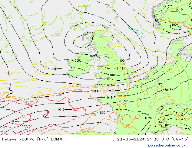 Theta-e 700hPa ECMWF  28.05.2024 21 UTC