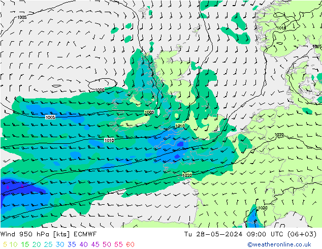 Wind 950 hPa ECMWF Tu 28.05.2024 09 UTC