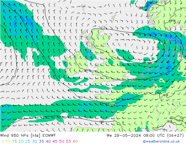 ветер 950 гПа ECMWF ср 29.05.2024 09 UTC