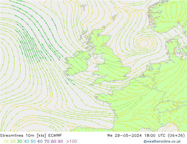 Streamlines 10m ECMWF We 29.05.2024 18 UTC